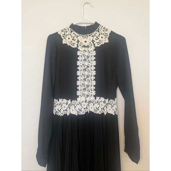 Mikael Aghal Long Pleated Lace Accent Dress - Picture 4 of 7